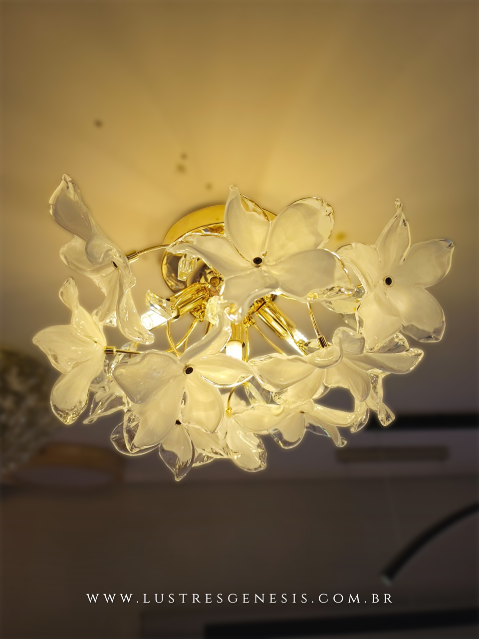 Plafon Moderno Dourado com Vidro Branco 70cm para Sala de Jantar, Quarto, Hall e Corredor